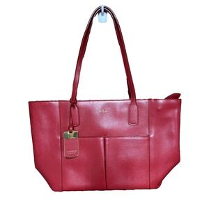 Lauren Ralph Lauren Tote Bag Womens Large Textured Leather Shoulder Purse red